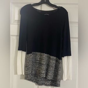 INC long sleeve top in black, grey and white. Size medium.